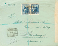 1395 1938. Sobre 250(2). 50 Cts Azul, Dos Sellos. Certificado De KOGO (GUINEA) A HAMBURGO (ALEMANIA). Al Dorso Llegada.  - Guinea Española