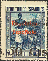 1398 1937. * 253hzd. 30 Cts Sobre 40 Cts Azul. Variedad "3" INCLINADO. MAGNIFICO Y RARO. Edifil 2012: 335? - Guinea Española