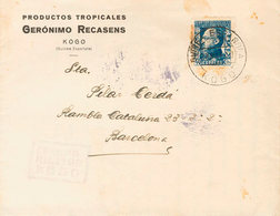 1403 1940. Sobre 261. 40 Cts Azul (tonalizado). KOGO A BARCELONA. En El Frente Marca CENSURA / MILITAR / KOGO Y Al Dorso - Guinea Española