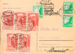 1479 1937. Sobre 164(5). 5 Cts Sobre 25 Cts Rojo Y 5 Cts Verde Amarillo De Alemania, Tres Sellos. Tarjeta Postal De TETU - Spaans-Marokko