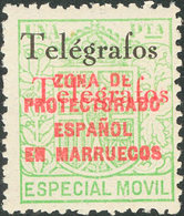 1521 1937. * 41Hhh. 1 Pts Verde Amarillo. Variedad SOBRECARGA TELEGRAFOS DOBLE, UNA EN ROJO. MAGNIFICO Y RARO, NO RESEÑA - Spanish Morocco