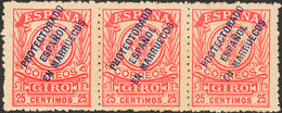 1524 1917. * 3(2), 3he. 25 Cts Rosa, Tira De Tres. Un Sello "R" DE PROTECTORADO INVERTIDA. MAGNIFICA. Edifil 2013: 110? - Spanish Morocco