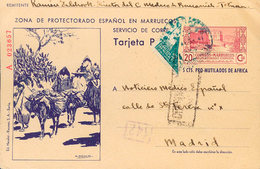 1549 1944. Sobre EP42, Beneficencia 22. 20 Cts Lila Y Azul Violeta (Serie A, Tipo I) Sobre Tarjeta Entero Postal De BEN  - Marruecos Español