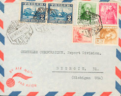 1627 1940. Sobre 170(2). 2 Pts Azul Y Diversos Valores De Franco. Correo Aéreo De TANGER A DETROIT (U.S.A.). MAGNIFICO. - Marruecos Español