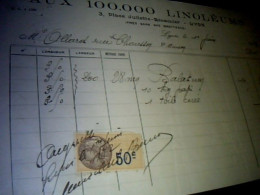 Fiscal De  50 Ct Sur Facture Aux 100.000 Linoleums A Lyon Place Juliette Recamier Annee   1932 - Lettres & Documents