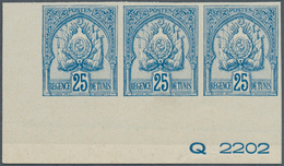 29560 Tunesien: 1901, Coat Of Arms, 25c. Blue IMPERFORATE, 33 Copies Within Marginal Units (two Blocks Of - Tunisia