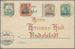 31833 Deutsche Post In China: 1902, 3 Echt Gelaufene Postkarten, Einmal Ganzsache "Kiautschou P1" An Herrn - Deutsche Post In China