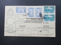 Türkei 1919 Paketkarte Schöne Frankatur! Noyaux D'abricots Schenker & Cie In Wien. Transit. Albert Jossue Constantinople - Brieven En Documenten