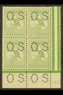 OFFICIALS  1913 ½d Pale Green, Punctured "O S" (smaller Letters, SG Type O2), Corner Marginal Block Of 4, SG O16, Very F - Other & Unclassified