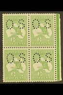 OFFICIALS  1913 ½d Green, Punctured "O S" (smaller Letters, SG Type O2), Right Marginal Block Of 4, SG O16, Fine Mint, H - Andere & Zonder Classificatie