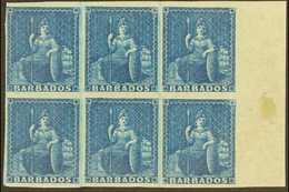 1852  1d Blue Imperf With Margins To All Sides, SG 3, Mint Marginal Block Of 6, 2 Stamps Are Never Hinged (1 Block Of 6) - Barbados (...-1966)