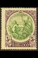 1918-20  3s Green And Bright Violet, SG 200a, Fine Mint, Centred To Right, A Scarce Shade. For More Images, Please Visit - Barbados (...-1966)