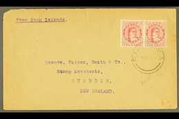 1931  (Dec) Envelope To New Zealand, Bearing 1d Rose-red Queen Pair Tied B Rarotonga Cds (Burge A7), Peripheral Faults.  - Cook Islands
