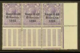 1922-23 VARIETY  3d Bluish Lilac (SG 57) Pane Marginal Corner Strip Of 3, Incorporates "S Over E" Variety, Row 10, Colum - Sonstige & Ohne Zuordnung