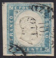 SARDINIA  1855 20c Cobalto Latteo Chiaro, Sassone 15c, Fine Used, Four Large Margins, Signed & Shade Identified By Soran - Unclassified