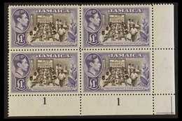 1938-52  £1 Chocolate & Violet, SG 133a, Never Hinged Mint Corner Plate Block Of 4. Lovely (4 Stamps) For More Images, P - Giamaica (...-1961)