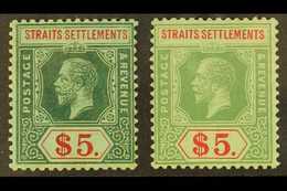1912-23  KGV (wmk Mult Crown CA) $5 Both Dies (SG 212 And 212d) Fine Mint. Fresh And Attractive! (2 Stamps) For More Ima - Straits Settlements