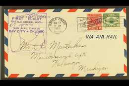 1928 FIRST FLIGHT COVER  (July 17th) Battle Creek To Karlamazoo Bearing 8c Air Mail (Scott C4) & 2c Valley Forge Tied By - Other & Unclassified