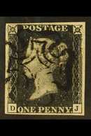 1840  1d Black 'DJ' Plate 7, SG 2, Used With 4 Margins & Black MC Cancellation. A Crisp, Beautiful Example. For More Ima - Unclassified