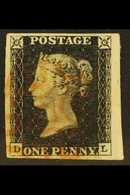 1840  1d Black 'DL' Plate 1b, SG 2, Used With 4 Margins & Red MC Cancellation. A Stunning, Large Example. Outstanding. F - Unclassified