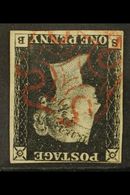 1840  1d Intense Black 'SB' Plate 1b With WATERMARK INVERTED, SG 1Wi, Used With 4 Margins & Crisp Red MC Cancellation. A - Unclassified