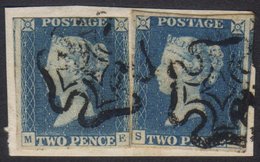 1840  2d Blue Plate 1, SG 5, TWO Examples Tied To The Same Piece By MC Cancels, "ME" With 3 Margins & "SE" With 4 Margin - Autres & Non Classés