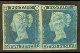 1841  2d Blue PAIR Cancelled By BRIGHT BLUE NUMERAL POSTMARKS (SG 14h), Left Left Side Stamp 'HD' With 4 Very Large Marg - Sonstige & Ohne Zuordnung