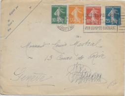 1922 - ENVELOPPE ENTIER SEMEUSE Avec JOLI AFFRANCHISSEMENT TRICOLORE COMPLEMENTAIRE De PARIS => GENEVE (SUISSE) - Standaardomslagen En TSC (Voor 1995)