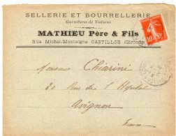 1914 - Enveloppe à Entête De La Sellerie Et Bourellerie MATHIEU De Castillon. Tp Semeuse 10ct (n° 138) - Agricultura