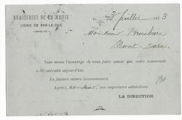 1913 - CARTE ENTIER TYPE SEMEUSE - REPIQUAGE BRASSERIES De La MEUSE à BAR LE DUC - BIERES - Bijgewerkte Postkaarten  (voor 1995)