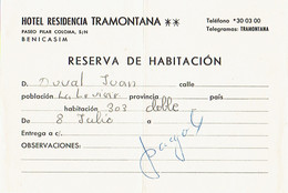 Ancienne Facture De L'Hôtel Residencia Tramontana, Paseo Pilar Coloma, Benicasim, Espagne (8/7/1973) - España