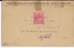 GB - 1908 - TIMBRE POSTE AYANT SERVI COMME FISCAL Sur CARTE ENTIER De DUDLEY => MULHOUSE (ALSACE) - Covers & Documents