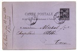 1880--entier Carte Postale SAGE 10c Noir -cachet LA TOUR DU PIN - Isère  Et Cachet DURAND-Chapelier - Cartes Postales Types Et TSC (avant 1995)