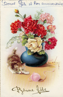 CHAT,CHATON,pelotte De Laine,fleurs,bonne Fete,carte Illustrée Signée C Vive - Katzen