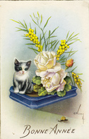 Chat,chaton,cat,fleurs,et   Bonne Année,escargot,1957,édition  Univers Paris,carte Signée - Chats