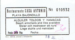 Ancien Ticket D'entrée Restaurant Casa Antonio Playa Bajondillo Torremolinos (années 1970) - Eintrittskarten