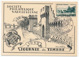 Carte Locale - Journée Du Timbre 1952 - Berline Postale - AVIGNON (Vaucluse) - Signature Du Dessinateur Marcel Fabre - Brieven En Documenten