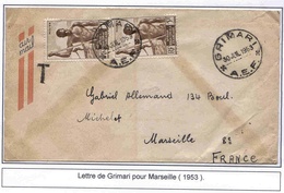 Centrafrique Lettre Avion Grimari 1953 + Lettre Avion Bangui 1960 + Bouar 1958 Omec Coton Airmail Cover - Briefe U. Dokumente