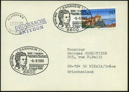 1988 (6.8.) 6800 MANNHEIM 1, Sonderstempel Berta Benz-Gedächtnisfahrt (1888 1. Autofahrt Einer Frau), Ausl.-Karte - Auto - Autres & Non Classés