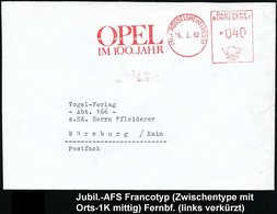 1962 (16) RÜSSELSHEIM, Jubil.-Absenderfreistempel "100 Jahre OPEL", Teil-Brief - Autopioniere & Oldtimer / Auto-Pioneers - Other & Unclassified