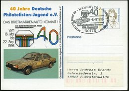 1996 (6.9.) 30175 HANNOVER 1, PP 80 Pf. Frauen: 40 Jahre Deutsche Philatel.-Jugend = Mit Briefmarken Beklebter Audi + Mo - Autres & Non Classés