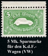 1938 DEUTSCHES REICH, Grüne Sparmarke 5.- RM Für Den KdF-Wagen (VW "Käfer") Ohne Gummi, Oberrandstück! - Volkswagen / K. - Andere & Zonder Classificatie