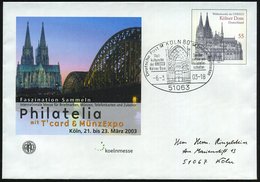 2003 (März) 55 C. Sonderganzsachen-Umschlag "Kölner Dom Weltkulturerbe UNESCO" (DOM U. Eisenbahnbrücke) Mit 2 Verschiede - Andere & Zonder Classificatie
