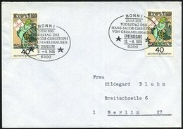 1976 (17.8.) B.R.D., 40 Pf. 300. Todestag Hans-Jacob Von Grimmelshausen (Teufel) 2x + Passender ET-Sonderstempel 5300 BO - Otros & Sin Clasificación