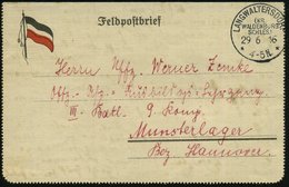 1916 (29.6.) LANGWALTERSDORF (Kr. Waldenburg), 1K Auf Patriotischem Feldpost-Faltbrief Mit Inhalt N. Munsterlager - I. W - Autres & Non Classés
