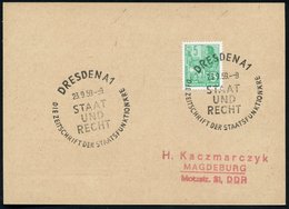 1959 (23.9.) DRESDEN A 1, Sonderstempel Juristische Zeitung, Inl.-Karte (Bo.221) - SBZ & DDR / Russian Occupied Zone & G - Other & Unclassified