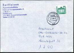 1990 (9.11.) 1220 EISENHÜTTENSTADT 1, 1K-Segmentstempel Auf EF 50 Pf. VGO "Brandenburger Tor" + Abs.-Stempel Raiffeisen  - Other & Unclassified