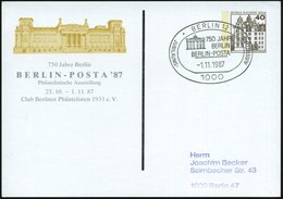 1987 (1.11.) 1000 BERLIN 12, Sonderstempel 750 JAHRE BERLIN = Brandenbg. Tor Auf Passender PP 40 Pf. Burgen (Reichstag), - Other & Unclassified