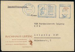 1954 (27.10.) LEIPZIG C 1, Blauer Absender-Freistempel: Das Buchhaus.. (geöffnetes Buch Mit Buch-Lieferant), Motivgleich - Sonstige & Ohne Zuordnung