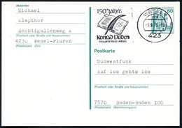 1979 (5.9.) 423 WESEL 1, Maschinen-Werbestempel: 150 Jahre Konrad Duden (Schreibfeder Vor Buch), Bedarfskarte (Bo.33 A I - Altri & Non Classificati